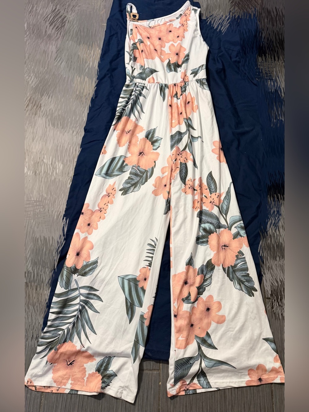 Women’s White Floral Wide-Leg Jumpsuit with Peach Blooms